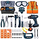 iBaseToy Kids Tool Box Set - 45 PCS Pretend Play Tool Toys for Toddler, Kids Electric Drill Tool Toys Kit with Working Overalls, Construction Tool Kit Playset Accessories Gift for Boys