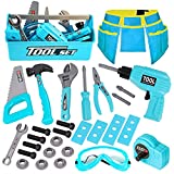 LOYO Kids Tool Set - Pretend Play Construction Toy with Tool Box Kids Tool Belt Electronic Toy Drill Construction Accessories Gift for Toddlers Boys Ages 3 , 4, 5, 6, 7 Years Old (Blue)