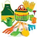 Play22 Kids Gardening Tool Set 12 PCS - Kids Gardening Tools Shovel, Rake Fork Trowel Apron Gloves Watering Can and Tote Bag - Wooden Gardening Tools for Kids Best Outdoor Toys Gift for Boys and Girls
