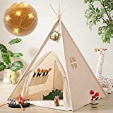 Kids-Teepee-Tent with Lights & Carry Case, Natural Cotton Play-Tent for Girls & Boys, Cotton Canvas Fort, Toys for 3,4,5,6 Years Old Children & Dog, Indoor Outdoor Playhouse for Toddlers