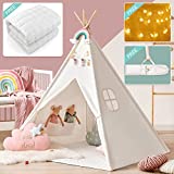Tiny Land Large Kids Teepee Tent with Padded Mat & Light String & Carry Case-Kids Foldable Play Tent -Toys for 3,4,5,6 Year Old Girls, White Canvas Teepee Indoor Outdoor Games-Kids Playhouse-Kids Tent