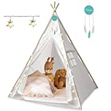 Teepee Tent for Kids - Indoor Tent, Pompon Ball Design, Built-in Mat, Inner Pockets, Window, LED Star Lights, Dream Catcher, Unique Threaded Poles - Strong Foldable Play Tent for Girls & Boys.