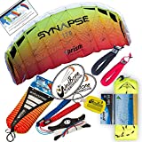 Prism Synapse Foil Power Kite Mega Tail Bundle (4 Items) + Prism 75ft Tube Tail + Peter Lynn Heavy Duty Padded Kite Control Strap Handles Pair + WindBone Kiteboarding Lifestyle Stickers (170 Mango)