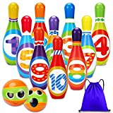 Kids Bowling Set Toddler Toys for 2 3 4 5 Years Old Boys Girls, 10 Indoor Colorful Soft Foam Pins 2 Bowling Ball Printed with Number Developmental Outdoor Outside Easter Toy Gift for Baby Age 2-4