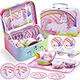 JOYIN 15 Pcs Unicorn Tea Set for Llittle Girls, Princess Tea Party Play Toy, Including Teapot, Cups, Small Plates, Big Plate & Carrying Case, Fun Kitchen Pretend Play for Girls, Kids Toys Gifts