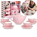 FAO Schwarz Ceramic Tea Party Set for Kids, Pink Polka Dot, 9 Pieces Include Cups Saucers and Pot, Safe for Children 8 9 10 11 12