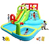 WELLFUNTIME Inflatable Water Slide Park with Splash Pool Climb The Wall, 3 Inflatable Sport Balls and 4 Water Guns, Water Slide with Air Blower