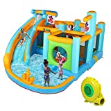 JOYMOR Inflatable Water Slide Park, Pirate Themed Bounce House w/ Obstacle Course, Water Cannon, Splash Pool, Water Slide Bouncer Castle Outdoor Backyard Playhouse for Kids (Included Blower)