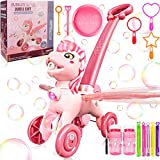 Bubble Machine Blower Blaster Lawn Mower Maker Pink Toy Portable Handheld Automatic Electric Outdoor Summer Birthday Best Gift Light Music for Girls Kids 1 2 3 4 5+ Year Old Unicorn