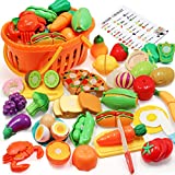 68PCS Pretend Play Food Toys for Kids Kitchen Accessories Set, Cutting Toy Food & Fake Fruits and Vegetables, Dishes Activity Card Cooking Sets w/ Storage Basket, Birthday Gift for Girls Boys Toddlers