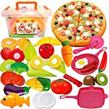 FUNERICA Play Kitchen Cutting Food Toys for Kids - 43-Piece Pretend Cutting Play Food Set with Play Fruits, Vegetables, Poultry and Fish, Play Kitchen Accessories, and Cutting Pizza