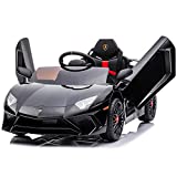 Kidzone Kids Electric Ride On 12V Licensed Lamborghini Aventador Battery Powered Sports Car Toy with 2 Speeds, Parent Control, Sound System, LED Headlights & Hydraulic Doors - Black