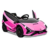 Kidzone Kids Electric Ride On 12V Licensed Lamborghini Sian Roadster Battery Powered Sports Car Toy with 2 Speeds, Parent Control, Sound System, LED Headlights & Hydraulic Doors - Pink