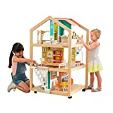KidKraft So Stylish Mansion Wooden Mid-Century Dollhouse with EZ Kraft Assembly, Open-Concept, Wheeled Base and 42 Accessories, Gift for Ages 3+