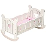 ROBOTIME Wooden Doll Cradle Rocking Baby Doll Crib, Reversible Doll Bedding for Toddler Girl,Fits Dolls up to 20 Inches (White)
