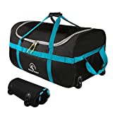 REDCAMP 85L Foldable Duffle Bag with Wheels 26', 1680D Oxford Collapsible Large Duffel Bag with Rollers for Camping Travel Gear, Black