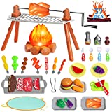 RACPNEL Kids Toy BBQ Grill Playset with Light Up Toy Campfire, Pretend Play BBQ Grill Set with Play Foods, Toy Barbeque Grill Cooking Set for Boys, Girls, Toddlers, Camping Toy Food, Gift for Kids