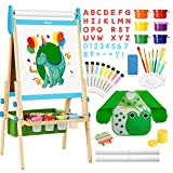 Belleur All-in-one Kid Easel Including 2 Paper Rolls, Magnetic Letters, 6 Finger Paints, 8 Colors Markers, Deluxe Standing Art Easel with Magnetic Chalkboard & Whiteboard, Easy to Adjust Height - Blue