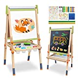 Joyooss Art Easel for Kids, Double-Sided Magnetic Easel for Children with Whiteboard & Chalkboard, Deluxe Standing Easel for Toddler with Paper Roll & Painting Accessories