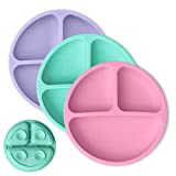 Hippypotamus Toddler Plates with Suction - Baby Plates - 100% Food-Grade Silicone Divided Plates - BPA Free - Microwave & Dishwasher Safe - Set of 3 (Pink / Mint / Lavender)