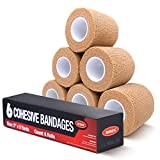 RISEN Cohesive Bandage 2' x 5 Yards, 6 Rolls, Self Adherent Wrap Medical Tape, Adhesive Flexible Breathable First Aid Gauze Ideal for Stretch Athletic, Ankle Sprains & Swelling, Sports, Human, Animals