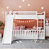 Floor Bunk Bed with Slide, Twin Over Twin Bunk Bed for Kids Toddlers, Wood Low Beds Frame with Ladder for Boys Girls Teens, White