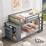 Twin Over Twin Bunk Beds with Storage Floor Bunk Bed with Cabinet and Bookcase for Toddlers Kids Boys Girls Teens, Gray