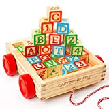 Oaktown Supply Building Blocks for Toddlers 1-3 Years Old - 30 Large, Stackable, Wooden Baby Blocks with Alphabet and Number Icons on Every Side - Toy Wagon Included﻿