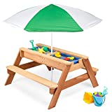 Best Choice Products Kids 3-in-1 Sand & Water Activity Table, Wood Outdoor Convertible Picnic Table w/ Umbrella, 2 Play Boxes, Removable Top - Green