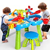 TEMI 4-in-1 Sand Water Table, 32PCS Sandbox Table with Beach Sand Water Toy, Kids Activity Sensory Play Table Summer Outdoor Toys for Toddler Boys Girls
