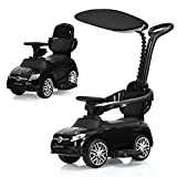 INFANS 3 In 1 Licensed Mercedes Benz Ride on Push Car, Kids Toy Stroller for Toddlers with Push Handle, Baby Foot-to-Floor Sliding Walker with Removable Canopy, Music, Horn, Under Seat Storage (Black)