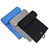 3 Pack Golf Towel, MOSUMI Golf Towel for Golf Bags with Clip, Microfiber Waffle Pattern Golf Towel,Tri-fold Golf Towel, Blue, Black and Gray