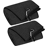 VIVIDLY 2 Pack 16' x 24' Tri-fold Golf Towels, Premium Microfiber Fabric Waffle Pattern with Black Heavy Duty Carabiner Clip, Black Golf Towels for Golf Bags for Men (Black)