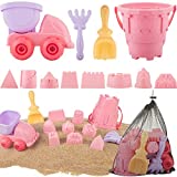 KIRE Beach Toys - Kids Sand Toys Includes Beach Bucket, Dump Truck Toy, Sand Shovel, Rake and Sand Castle Toys- Sand Bucket and Shovel for Kids- BPA Free Sandbox Toys with Bonus Carrying Net(Pink)