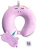 Travel Neck Pillow for Kids, Unicorn Memory Foam Pillow with Cute Sleep Mask & Earplugs, Lightweight Travelling Pillow Set for Airplane , Car, Train, Bus and Home Use (Purple)