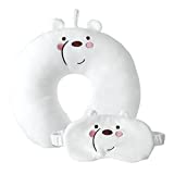 MINISO We Bare Bears Kids Travel Pillow 100% Pure Memory Foam Neck Pillow with Eye Mask, Airplane Pillow Neck Support for Travelling, Sleeping, Napping Suits for Plane, Car, Home & Office(Ice Bear)