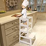WOOD CITY Kitchen Stool Helper for Kids with Non-Slip Mat, Toddler Stool Tower for Learning, Wooden Toddler Stepping Stool for Counter & Bathroom Sink(White