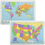 Painless Learning Educational Placemats Sets USA Map and World Map Non Slip Washable