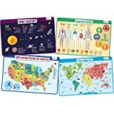 merka Educational Kids Placemats for Dining Table and Classroom - Silicone Plastic Learning Mats, Non-Slip, Wipeable - Solar System, Human Body Chart, World Geography & USA Map for Children -Set of 4