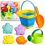 3 otters 15PCS Foldable Beach Bucket, Sand Toys Set Foldable Pail Colorful Beach Bucket with Sand Molds Collapsible Silicone Buckets
