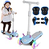 Escroll 3 Wheel Electric Scooter for Kids, Electric Scooter for Toddler Ages 2-8 - with Gift Knee Pads, 80W Motor 3.7Mph 4.3Miles, LED Wheel, Lean-to-Steer, Adjustable Height, Toys Best for Girl Boy