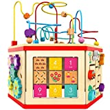 TOP BRIGHT Wooden Activity Cube - Bead Maze Toy Gear for Toddler Kid, Counting Toys for 1 Year Old Baby Girls Gift
