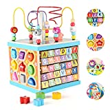 Qilay Wooden Baby Activity Cube for 1 2 Year Old Kids, 5 in 1 Multipurpose ABC-123 Abacus Bead Maze Shape Sorter | Early Educational Toy for Toddlers - First Birthday Gifts for Boys Girls