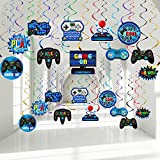 30 Pieces Video Game Hanging Swirl Decorations Supplies, Game Controllers Sign Game on Theme Birthday Foil Ceiling Streamers for Boys Gamer Video Game Birthday Party Supplies Decorations (Blue)