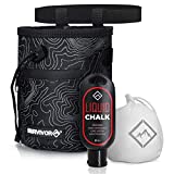 Survivor Chalk Bag + Refillable Chalk Ball + Liquid Chalk - Draw String & 2 Zippered Pockets - Black Chalk Bag for Rock Climbing, Bouldering, Weightlifting with Hand Chalk Accessories for Extra Grip