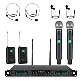 Wireless Microphone System, Phenyx Pro 4-Channel UHF Cordless Mic Set with Handheld/Lapel/Headset/Bodypack, Rugged Metal Build, Fixed Frequency, Long Range, Ideal for Church,Karaoke,Events(PTU-5000B)