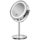 Gospire 1x/10x Magnifying Lighted Makeup Mirror Double Sided Round Mirror Standing 360 Degree Swivel Vanity Mirror Battery Operated 7 Inch Diameter Shaving Bathroom Mirror(Silver-Button Switch)