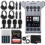 Zoom PodTrak P4 Portable Multitrack Podcast Recorder + 4x Zoom M-1 Mic + 4x Headphones + 4x Tabletop Stand + 128GB Extreme PRO SDXC Memory Card + AA Batteries and Charger – 4 Person Podcasting Bundle