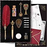 Quill Pen and Ink Set - Feather Pen Kit With Fine Ink Pen,18-in-One Vintage, Complete Calligraphy Set for Beginners & Enthusiasts, Includes Practice Sheets That Will Make You a Pro, by Pensisco (Red)