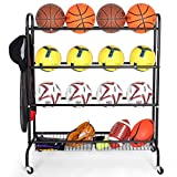 EXTCCT Basketball Rack, Outdoor Rolling Basketball Shooting Training Stand,Sports Equipment Storage with Wheels, Garage Four-Layer Ball Holder with Two Basket for Basketballs Footballs Volleyball
